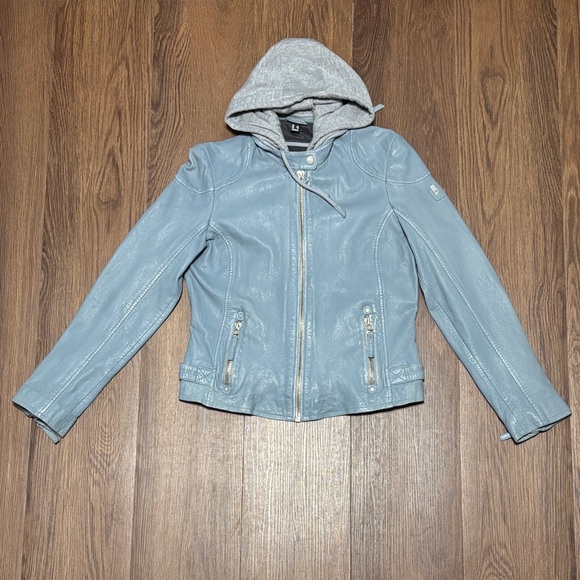 🔥🔥🔥Mauritius Women Sky Blue Leather Jacket with Detachable Hood Size: 10🔥🔥🔥 - Picture 1 of 12